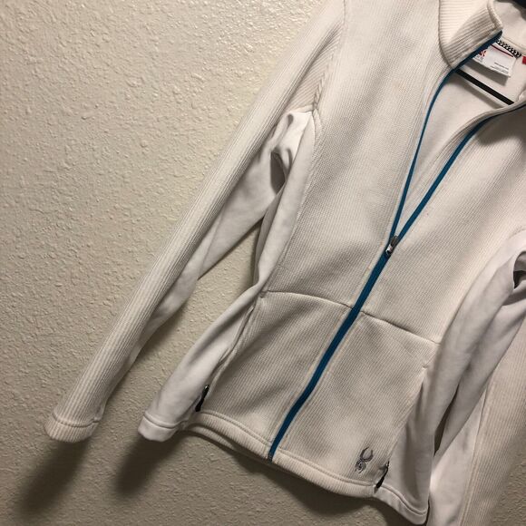 spyder jacket large core white women's sweater knit full zip fitted blue g1 - Picture 2 of 13
